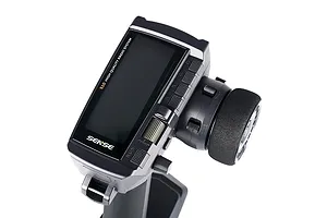 Sense Innovations S10 10-channel RC transmitter with a black steering wheel, LCD screen, and various control buttons on a white background.