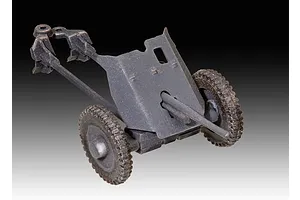 A partially assembled 1/76 scale 3.7cm Pak anti-tank gun model, painted in a dark grey finish against a gradient background.