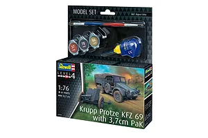 Revell 1/76 scale Krupp Protze KFZ 69 with 3.7cm Pak model kit box, including paints, glue, and a brush.