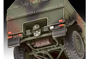 Close-up rear view of a 1/72 scale plastic model of an ATF Dingo 1 military vehicle, showing the chassis, exhaust, and camouflage paint scheme.