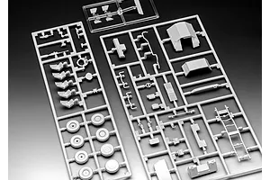 Plastic model kit sprues for a 1/72 scale ATF Dingo 1 military vehicle, featuring grey plastic parts on frames against a dark background.
