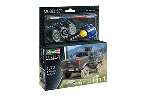 Revell 1/72 scale ATF Dingo 1 plastic model kit box showing the finished vehicle and included paints, brush, and glue.
