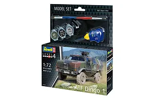 Revell 1/72 scale ATF Dingo 1 plastic model kit box showing the finished model, paints, and glue included in the starter set.