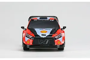 Front view of the Carisma Hyundai i20N Rally1 RC car in official Hyundai Motorsport livery with red, blue, and black racing decals.