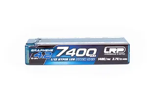 LRP 7400mAh 1S LiPo battery in a blue hard case, side view showing branding and specifications.