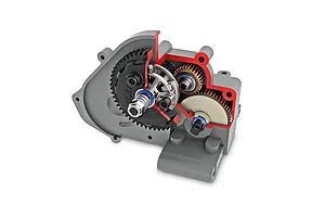 A cutaway view of a Traxxas RC vehicle transmission showing internal gears, slipper clutch, and bearings.
