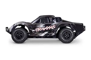 Side profile of a black Traxxas Slash 2WD RC short course truck with white and grey racing graphics on a white background.
