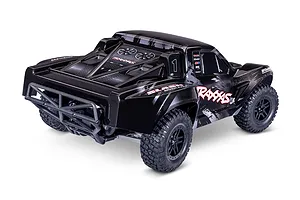 Rear three-quarter view of a black Traxxas Slash 2WD RC short course truck with white and red racing decals on a white background.