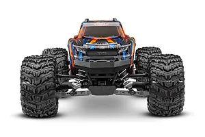 Front view of a Traxxas Stampede 4X4 RC monster truck with a blue and orange patterned body, large off-road tires, and a black front bumper.