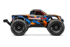 Side profile of a Traxxas Stampede 4X4 VXL brushless RC monster truck with a blue and orange graphic body on a white background.