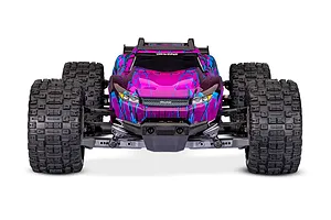 Front view of a Traxxas Rustler 4X4 RC stadium truck with a bright pink and blue patterned body shell on a white background.