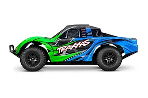 Side profile of a Traxxas Slash 4X4 RC short course truck with a green and blue graphic body shell on a white background.