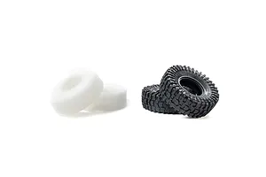 Two Pro-Line 1.9 inch Mickey Thompson Baja Pro XS crawler tyres with two white foam inserts on a white background.