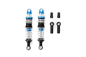 Two Pro-Line Pro-Spec aluminium threaded RC shock absorbers with blue accents, silver springs, and additional black plastic mounting hardware on a white background.