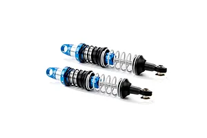 Two Pro-Line Pro-Spec Scaler aluminium threaded shock absorbers with blue anodized parts and silver springs against a white background.