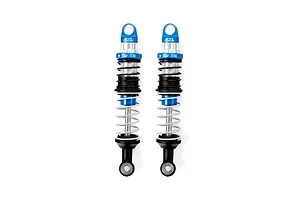 Two Pro-Line Pro-Spec scaler aluminium threaded shock absorbers with blue and silver components on a white background.