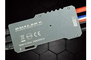 Dualsky Summit 60A brushless ESC with a grey metal heatsink casing, showing brand logo and regulatory markings against a black honeycomb background.