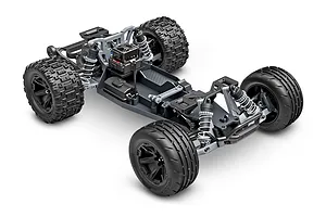 A studio shot of a Traxxas Rustler 2WD RC stadium truck chassis showing the suspension, wheels, and drivetrain on a white background.