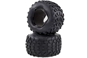 Two black rubber off-road RC monster truck tyres stacked vertically against a white background.