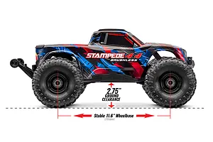 Side view of a Traxxas Stampede 4X4 VXL RC monster truck with red and blue graphics, showing ground clearance and wheelbase measurements.