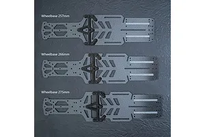 Three MST carbon fiber RC chassis lower decks shown in different configurations for 257mm, 266mm, and 275mm wheelbases.