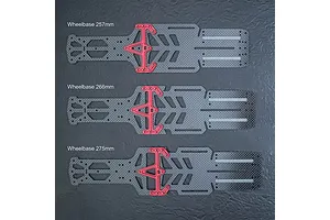 Three MST carbon fiber RC chassis lower decks with red aluminum braces, shown at 257mm, 266mm, and 275mm wheelbase configurations.