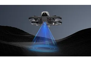 A CaddxFPV Protos FPV drone hovering above a digital wireframe landscape, projecting a blue light beam downwards.