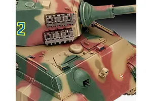 Close-up view of a painted Tiger II tank model showing the turret, hull, and camouflage pattern.