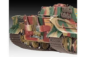 Rear view of a 1/35 scale Tiger II tank model kit featuring a camouflage paint scheme with exhaust pipes and tracks.