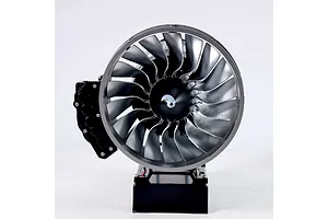 Front view of a Teching DM121 civil turbofan engine model kit showing the large fan blades and black mounting base against a white background.