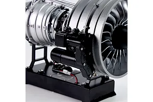Close-up of the Teching DM121 civil turbofan engine model kit showing the fan blades, motor assembly, and base.