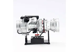 A side view of the Teching DM136 T-700 turboshaft engine metal model kit mounted on a black display stand against a white background.