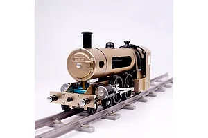 A Teching DM221 steam train metal model kit sitting on a short section of model railway track against a plain white background.