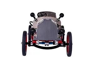 Front view of a Teching DM227 classic car metal model kit featuring a silver radiator grille, red wheels, and black steering wheel.