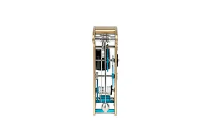 Side view of the Teching DM335 Galileo Pendulum Clock metal model kit showing the internal gear mechanism, pendulum, and frame.