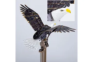 A Teching DM337 Eagle metal model kit showing a mechanical eagle mounted on a stand with an inset close-up of the eagle head.