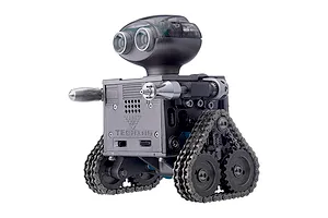 A Teching DM518 RC robot model kit featuring a metallic grey body, tank-style treads, and a rounded head with two circular eye-like lenses.
