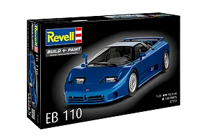 Revell 1/24 scale Bugatti EB 110 plastic model car kit box, featuring a blue Bugatti sports car on a black background.