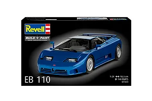 A Revell 1/24 scale Bugatti EB 110 plastic model kit box featuring a blue model car on a black background.