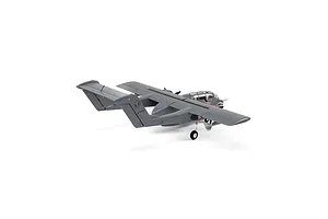 Rear three-quarter view of the E-Flite Micro OV-10 Bronco RC plane in grey livery on a white background.