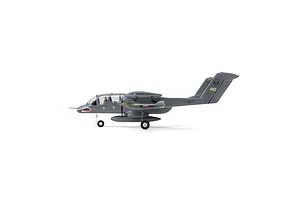 Side profile view of the E-Flite Micro OV-10 Bronco RC plane in grey livery with shark mouth nose art and landing gear deployed on a white background.
