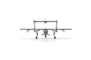 Front view of the E-Flite Micro OV-10 Bronco RC plane, showing its twin-boom design, grey finish, and landing gear against a white background.