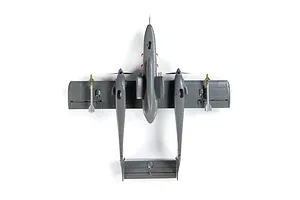 Top-down view of the E-Flite Micro OV-10 Bronco RC plane in grey, featuring twin booms and underwing missiles.