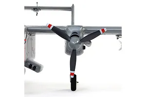 Front view of the E-Flite Micro OV-10 Bronco RC plane showing the propeller, wing, and landing gear against a white background.