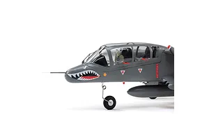 Close-up side view of the E-Flite Micro OV-10 Bronco RC plane cockpit and nose, featuring shark mouth nose art and a pilot figure.