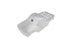 A clear, unpainted Pro-Line Brunt RC truck body shell viewed from a high angle against a white background.