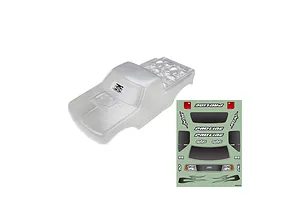 A clear, unpainted Pro-Line Brunt RC truck body shell with a matching decal sheet on a white background.