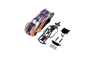 Pro-Line 1/16 Brute body shell with digital camo paint, black plastic chassis frame, and small hardware components on a white background.