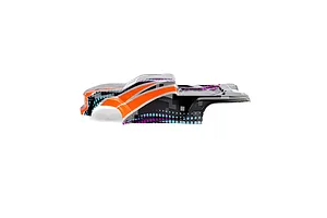 Side view of a Pro-Line 1/16 Brute RC truck body shell featuring a digital camo pattern in orange, black, grey, and purple.
