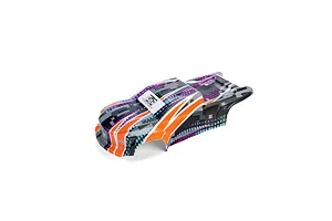 Pro-Line 1/16 Brute truck body shell featuring a digital camo pattern in orange, purple, black, and light blue on a white background.
